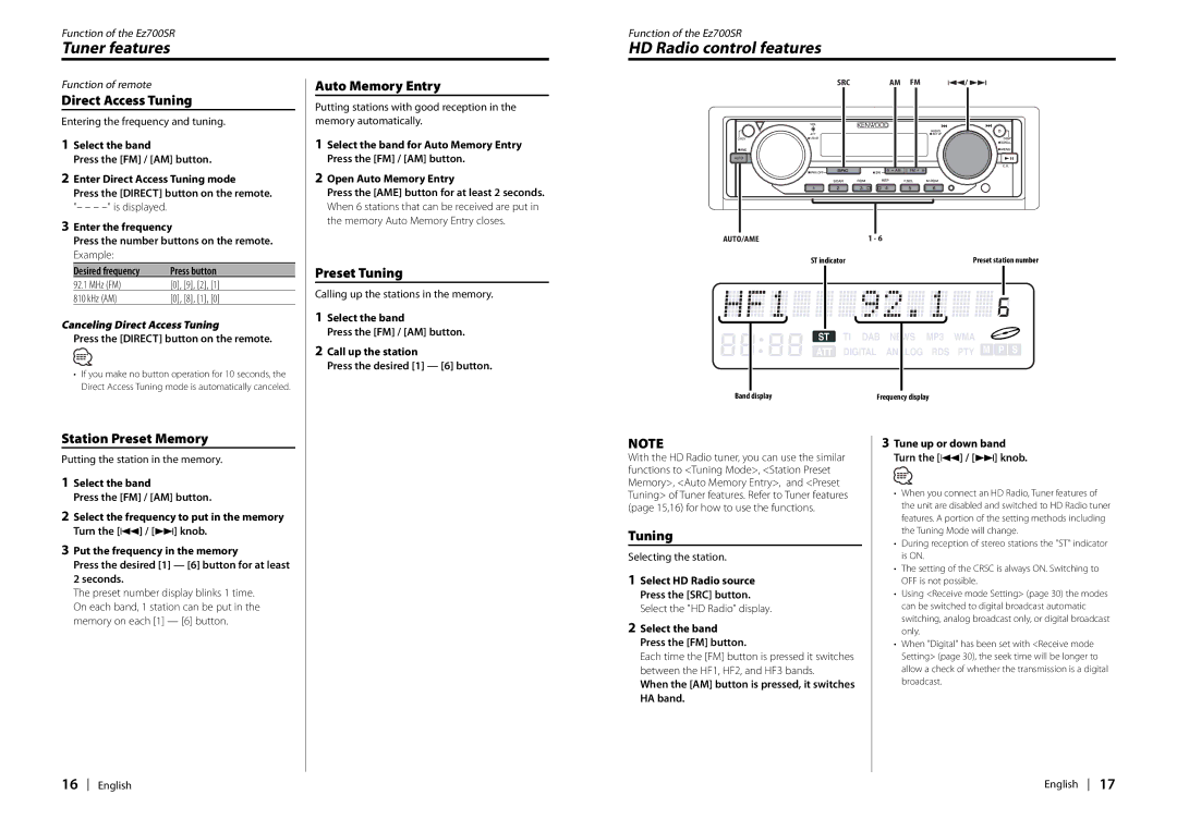 Kenwood Ez700SR HD Radio control features, Direct Access Tuning, Auto Memory Entry, Preset Tuning, Station Preset Memory 
