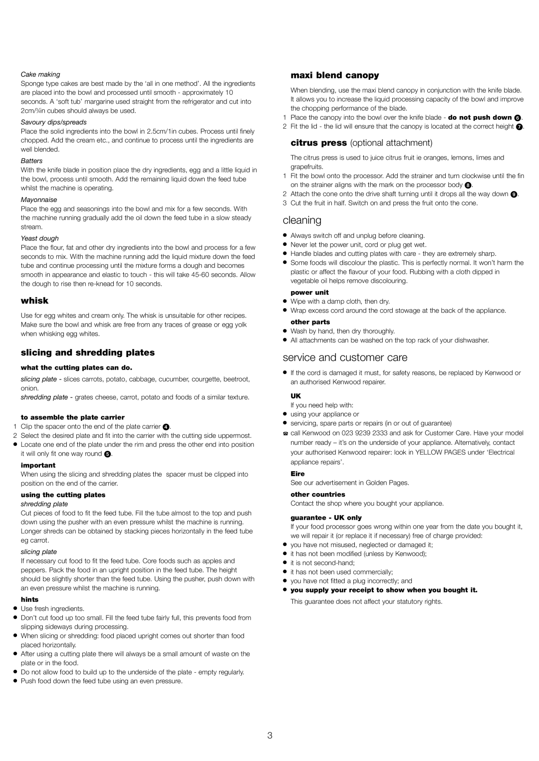 Kenwood FP108 Series manual Cleaning, Service and customer care, Whisk, Slicing and shredding plates, Maxi blend canopy 