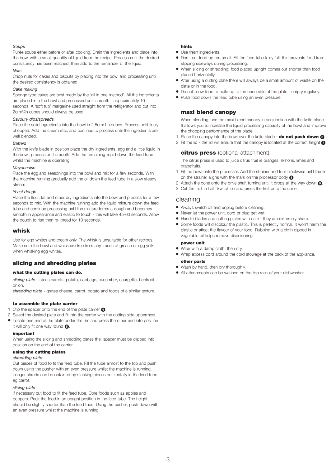 Kenwood FP110 series manual Cleaning, Whisk, Slicing and shredding plates, Maxi blend canopy 
