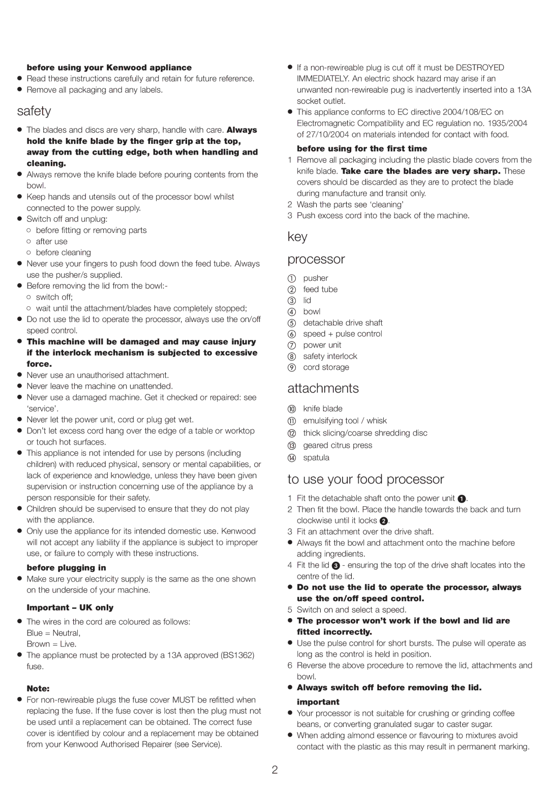 Kenwood FP210 manual Safety, Key Processor, Attachments, To use your food processor 