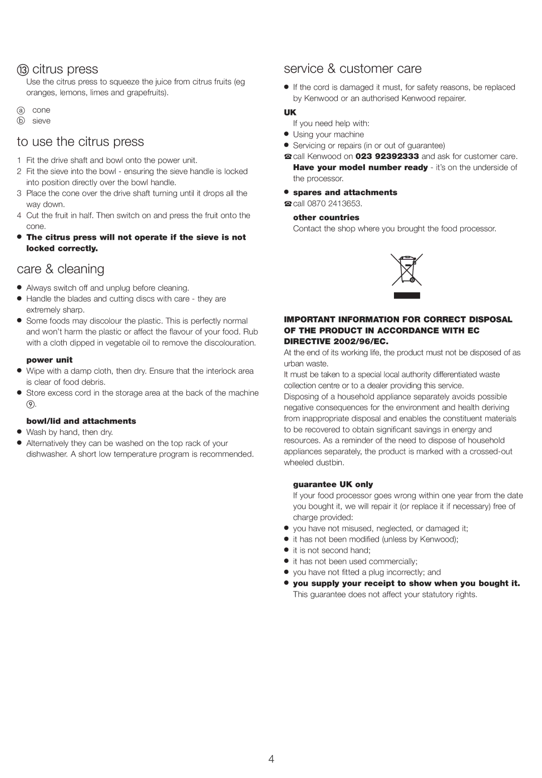 Kenwood FP210 manual Citrus press, To use the citrus press, Care & cleaning, Service & customer care 