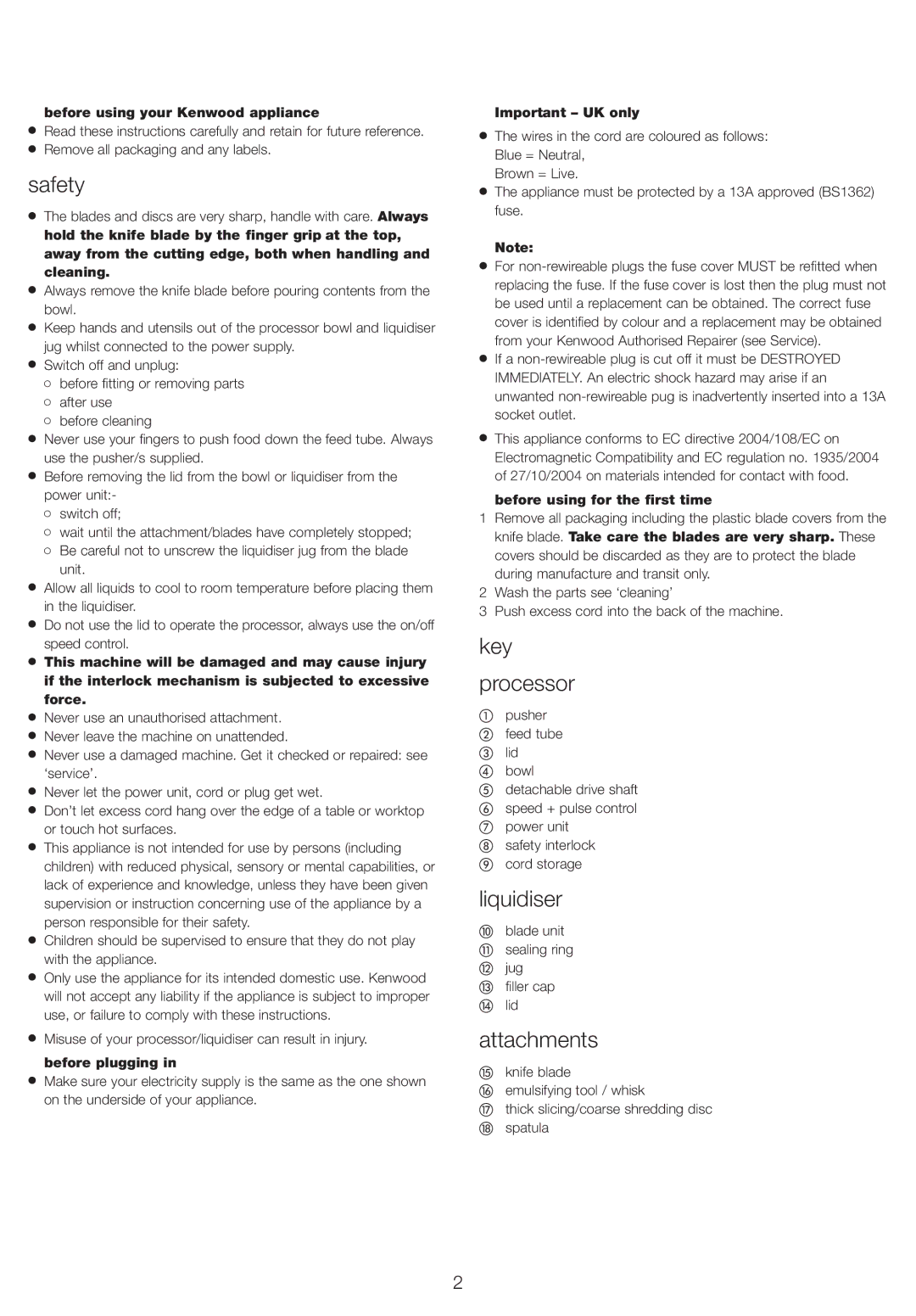 Kenwood FP215 manual Safety, Key Processor, Liquidiser, Attachments 