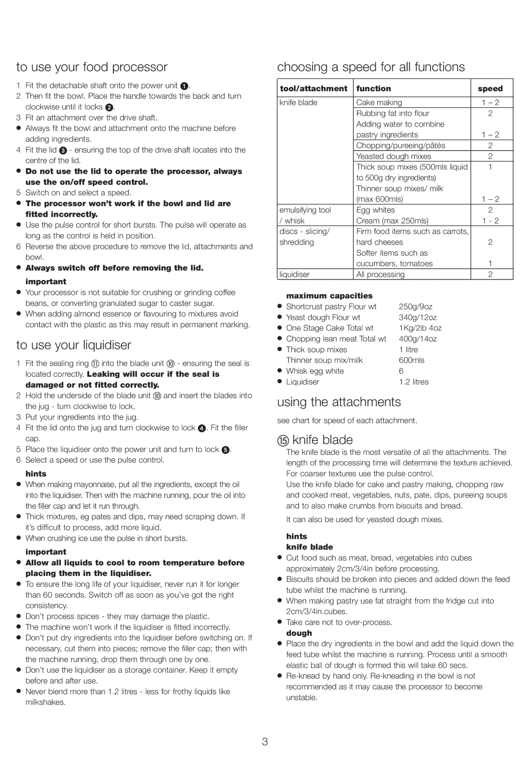 Kenwood FP215 manual To use your food processor, To use your liquidiser, Choosing a speed for all functions, Knife blade 