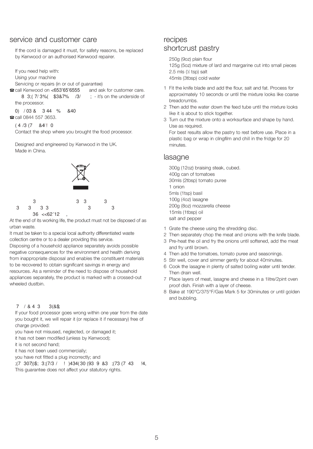 Kenwood FP220 manual Service and customer care, Recipes shortcrust pastry, Lasagne 