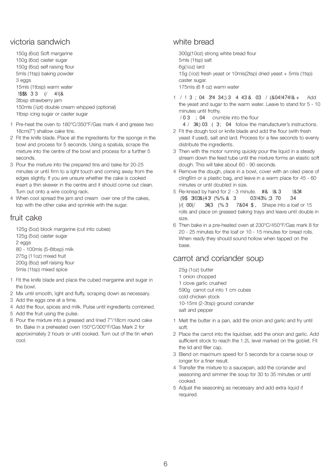 Kenwood FP220 manual Victoria sandwich, Fruit cake, White bread, Carrot and coriander soup, Filling & decoration 