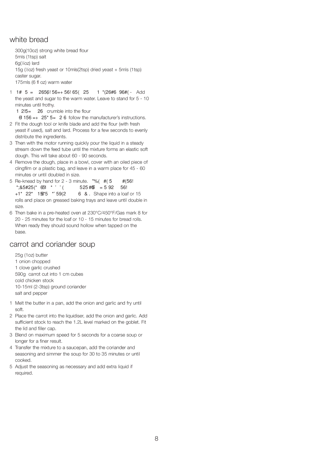 Kenwood FP260 Series manual White bread, Carrot and coriander soup 