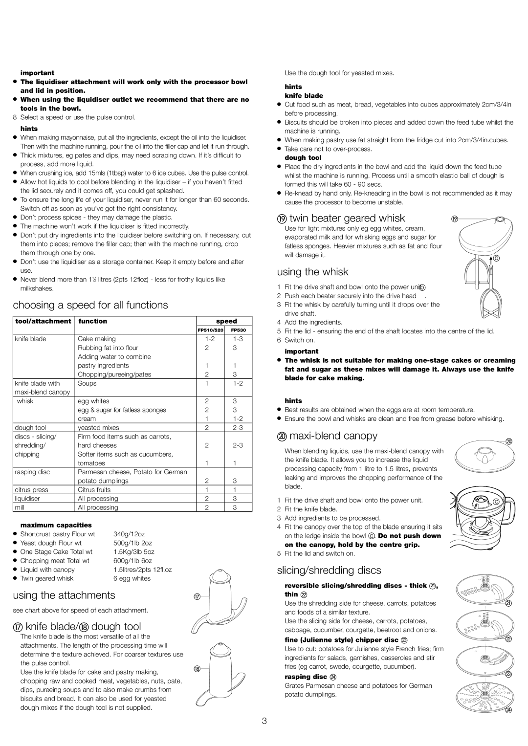 Kenwood FP530 series Choosing a speed for all functions, Using the attachments, Knife blade/ dough tool, Using the whisk 