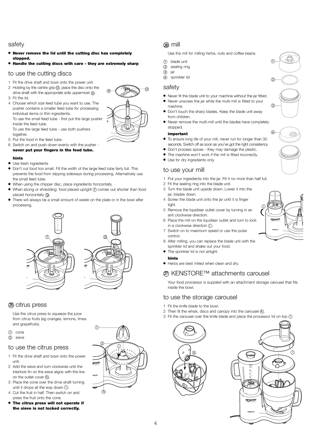 Kenwood FP510 series, FP520 series To use the cutting discs, Citrus press, To use the citrus press, Mill, To use your mill 