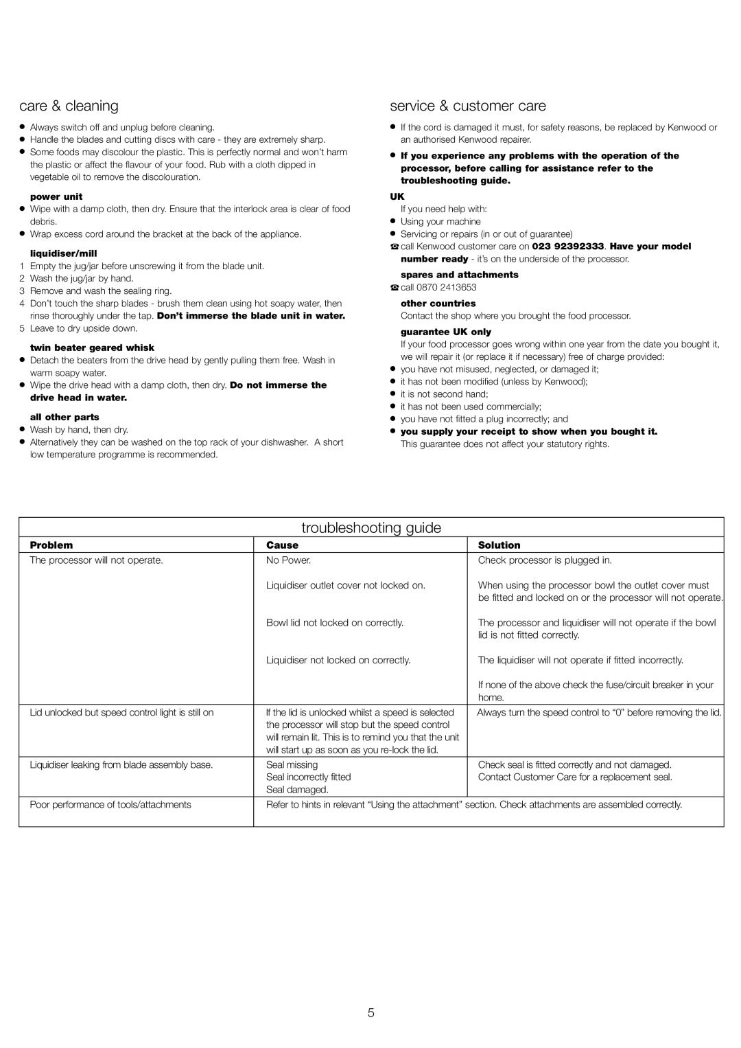 Kenwood FP520 series, FP530 series, FP510 series manual Care & cleaning, Service & customer care, Troubleshooting guide 