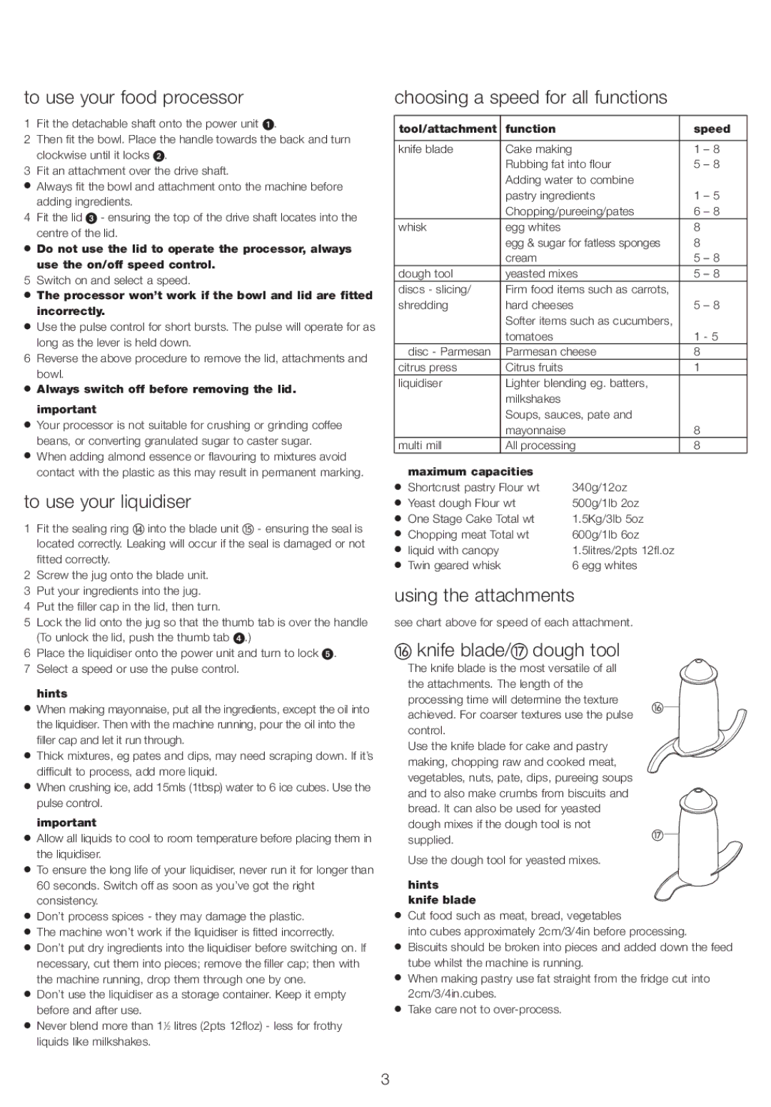 Kenwood FP582 manual To use your food processor, To use your liquidiser, Choosing a speed for all functions 