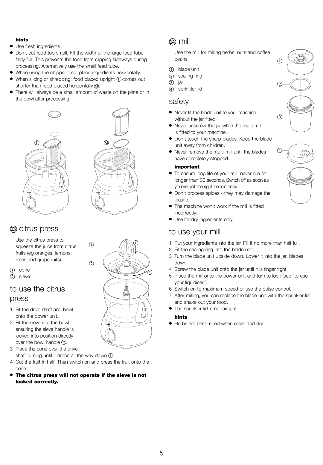 Kenwood FP582 manual Mill, Citrus press, To use your mill, To use the citrus press 