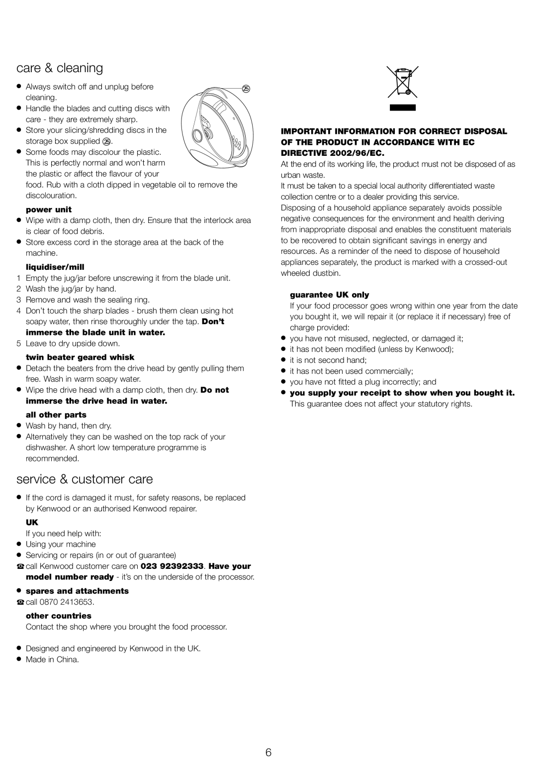 Kenwood FP582 manual Care & cleaning, Service & customer care 