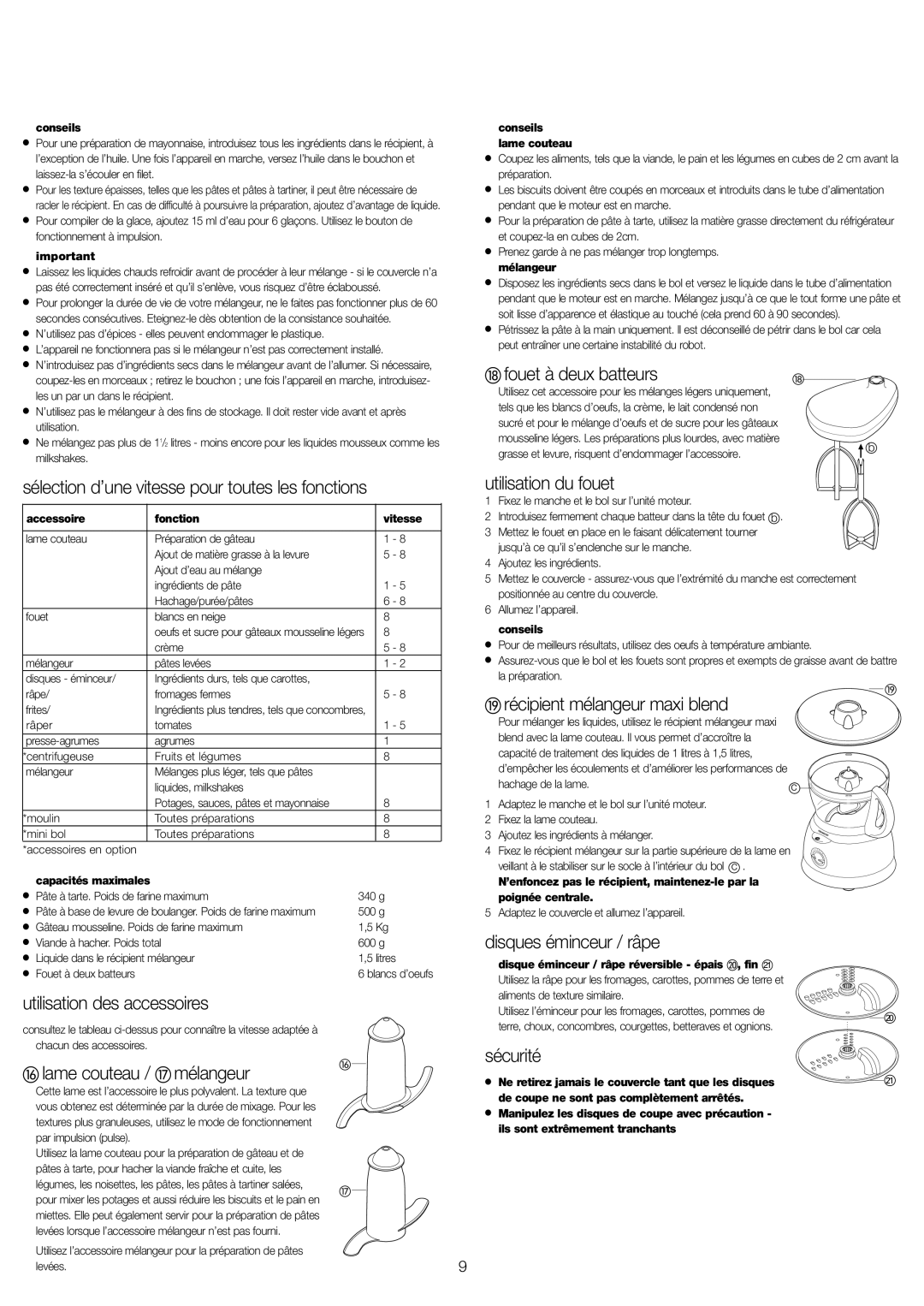 Kenwood FP591 manual Fouet à deux batteurs, Sélection d’une vitesse pour toutes les fonctions, Utilisation du fouet 