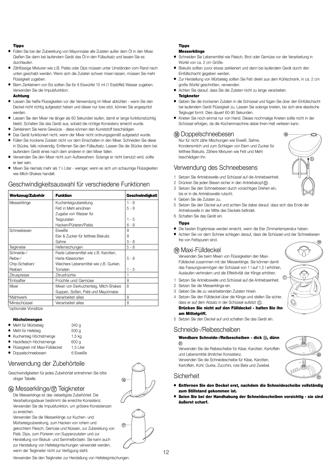 Kenwood FP591 manual Geschwindigkeitsauswahl für verschiedene Funktionen, Doppelschneebesen, Verwendung des Schneebesens 