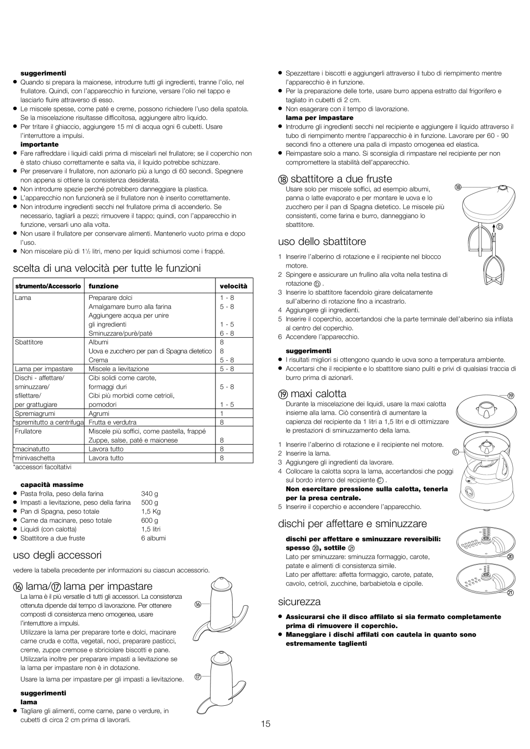 Kenwood FP591 Scelta di una velocità per tutte le funzioni, Sbattitore a due fruste, Uso dello sbattitore, Maxi calotta 