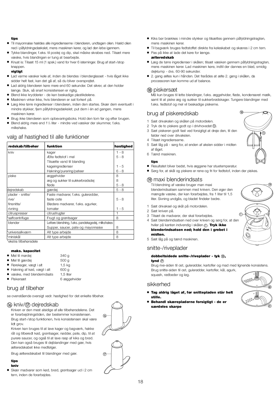 Kenwood FP591 manual Valg af hastighed til alle funktioner, Piskersæt, Brug af piskeredskab, Maxi blenderindsats 