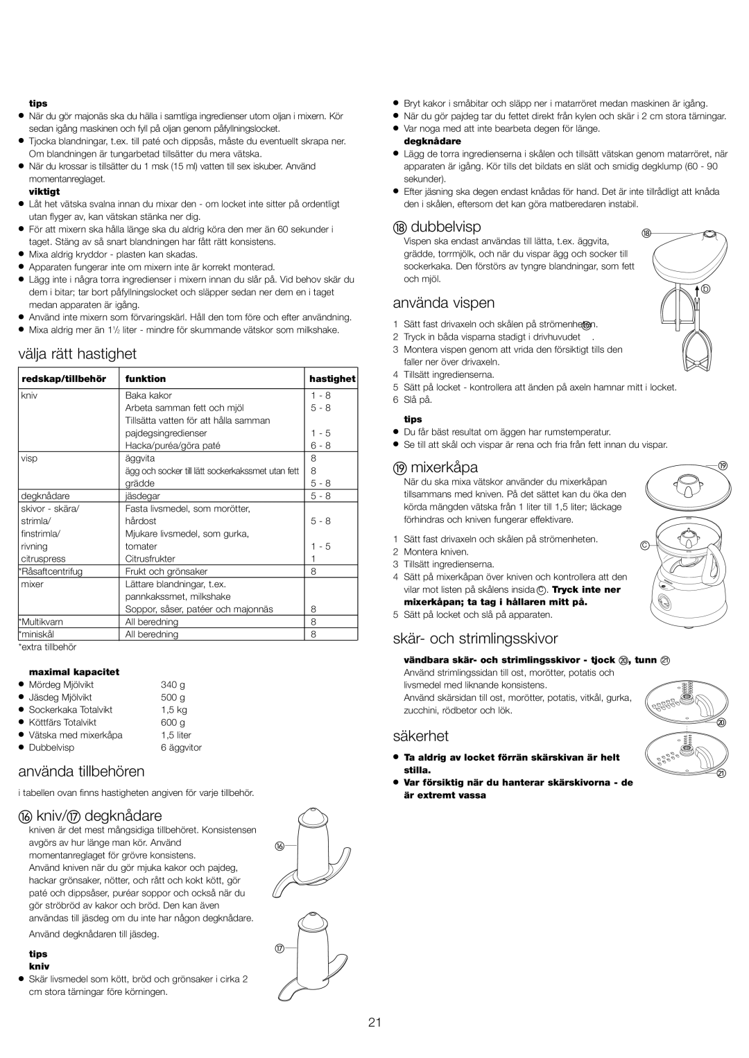 Kenwood FP591 manual Välja rätt hastighet, Dubbelvisp, Använda vispen, Mixerkåpa, Använda tillbehören, Kniv/ degknådare 