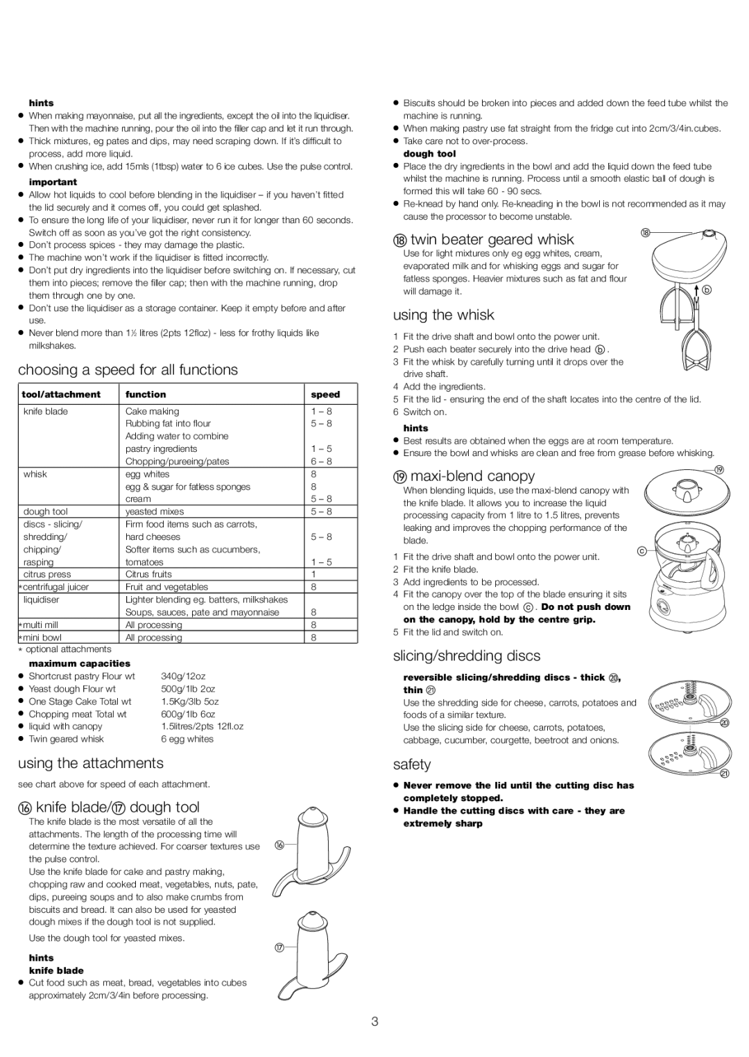 Kenwood FP591 manual Choosing a speed for all functions, Twin beater geared whisk, Using the whisk, Maxi-blend canopy 