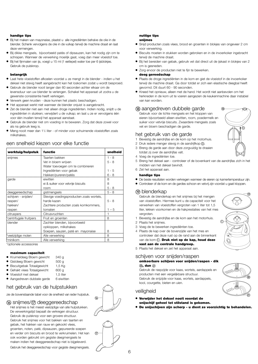 Kenwood FP591 manual Een snelheid kiezen voor elke functie, Aangedreven dubbele garde, Het gebruik van de garde, Blenderkap 