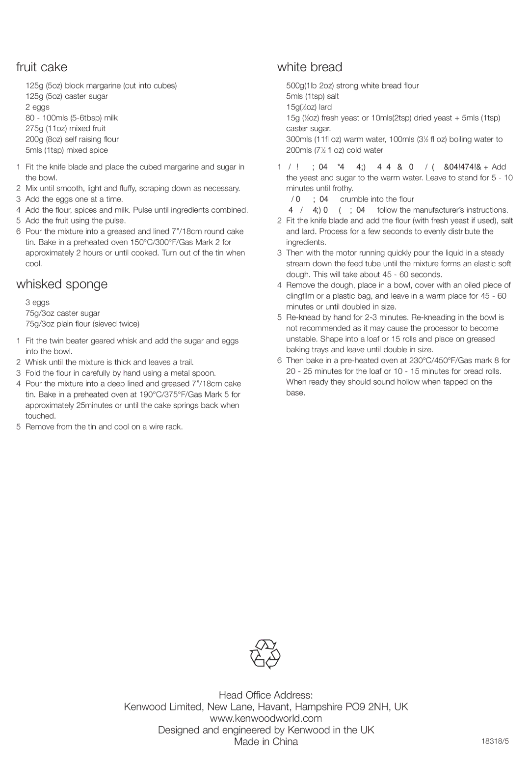 Kenwood FP620, FP615 manual Fruit cake, Whisked sponge, White bread 