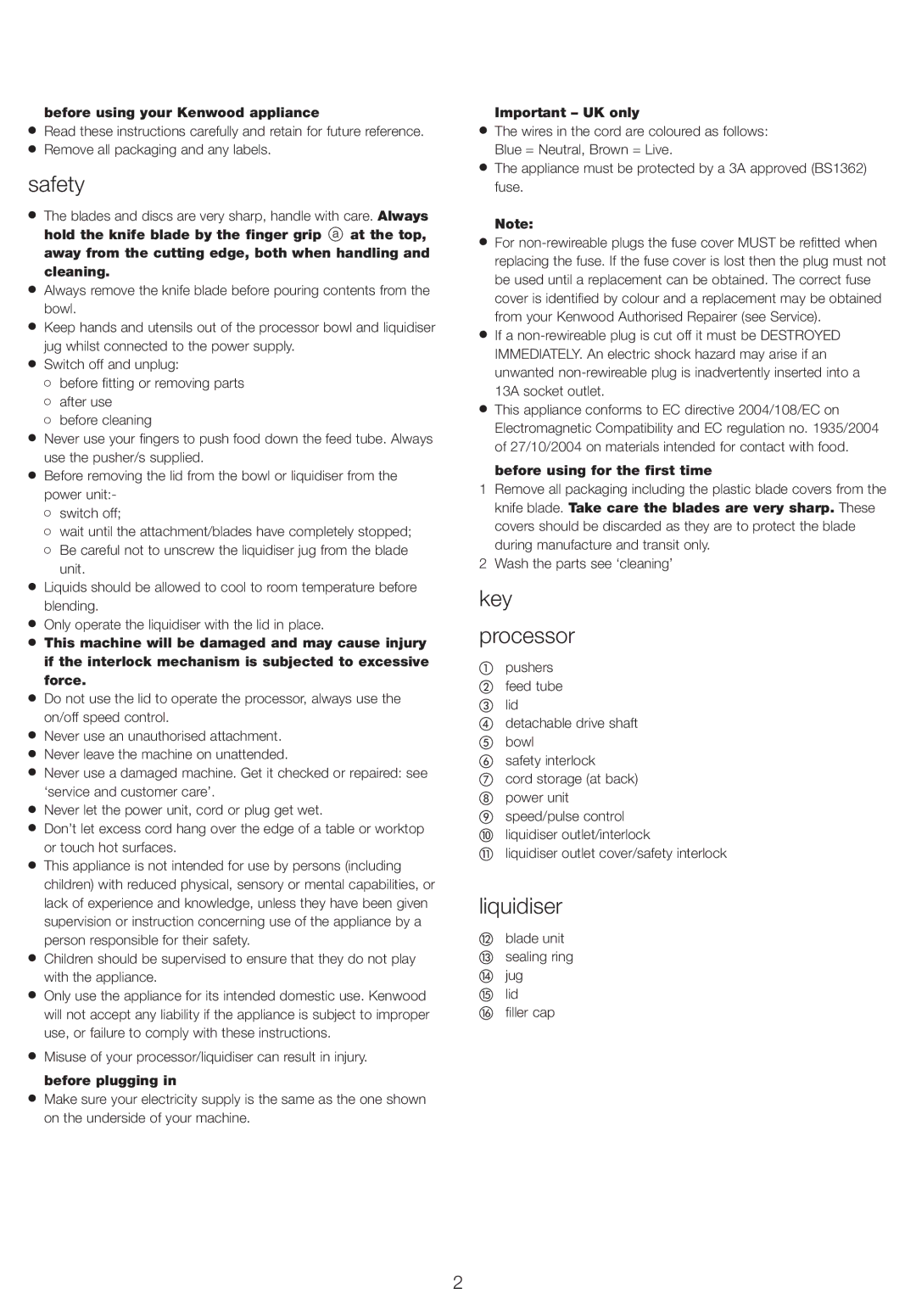 Kenwood FP630 manual Safety, Key Processor, Liquidiser, Before using your Kenwood appliance, Important UK only 