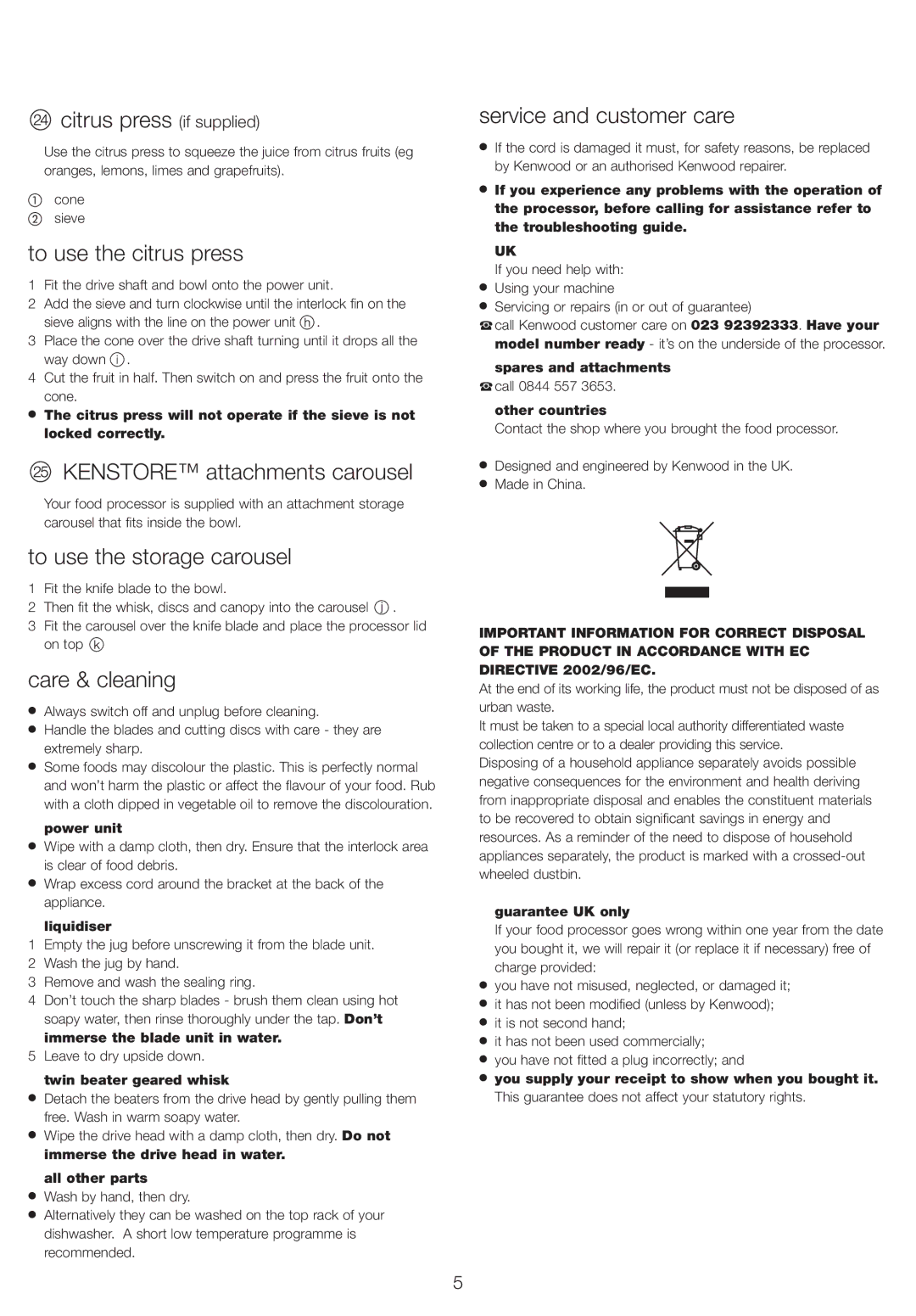 Kenwood FP630 manual Citrus press if supplied, To use the citrus press, Kenstore attachments carousel, Care & cleaning 