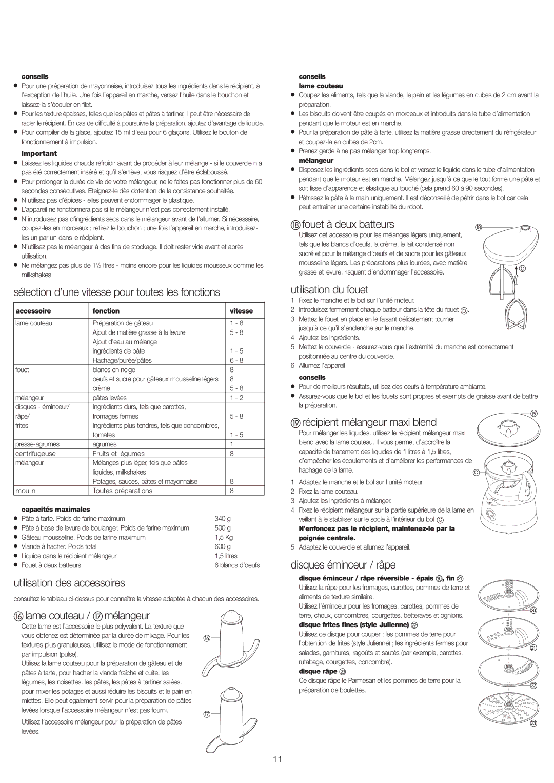 Kenwood FP693 manual Fouet à deux batteurs, Sélection d’une vitesse pour toutes les fonctions, Utilisation du fouet 