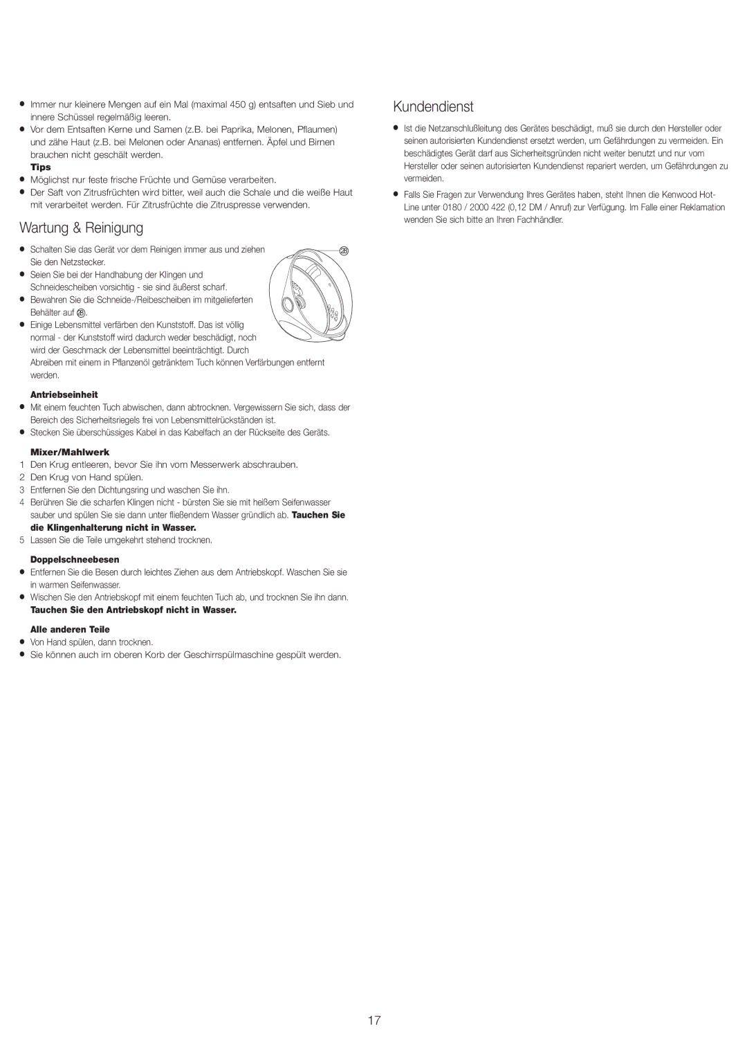 Kenwood FP693 manual Wartung & Reinigung, Kundendienst, Antriebseinheit, Mixer/Mahlwerk, Doppelschneebesen 