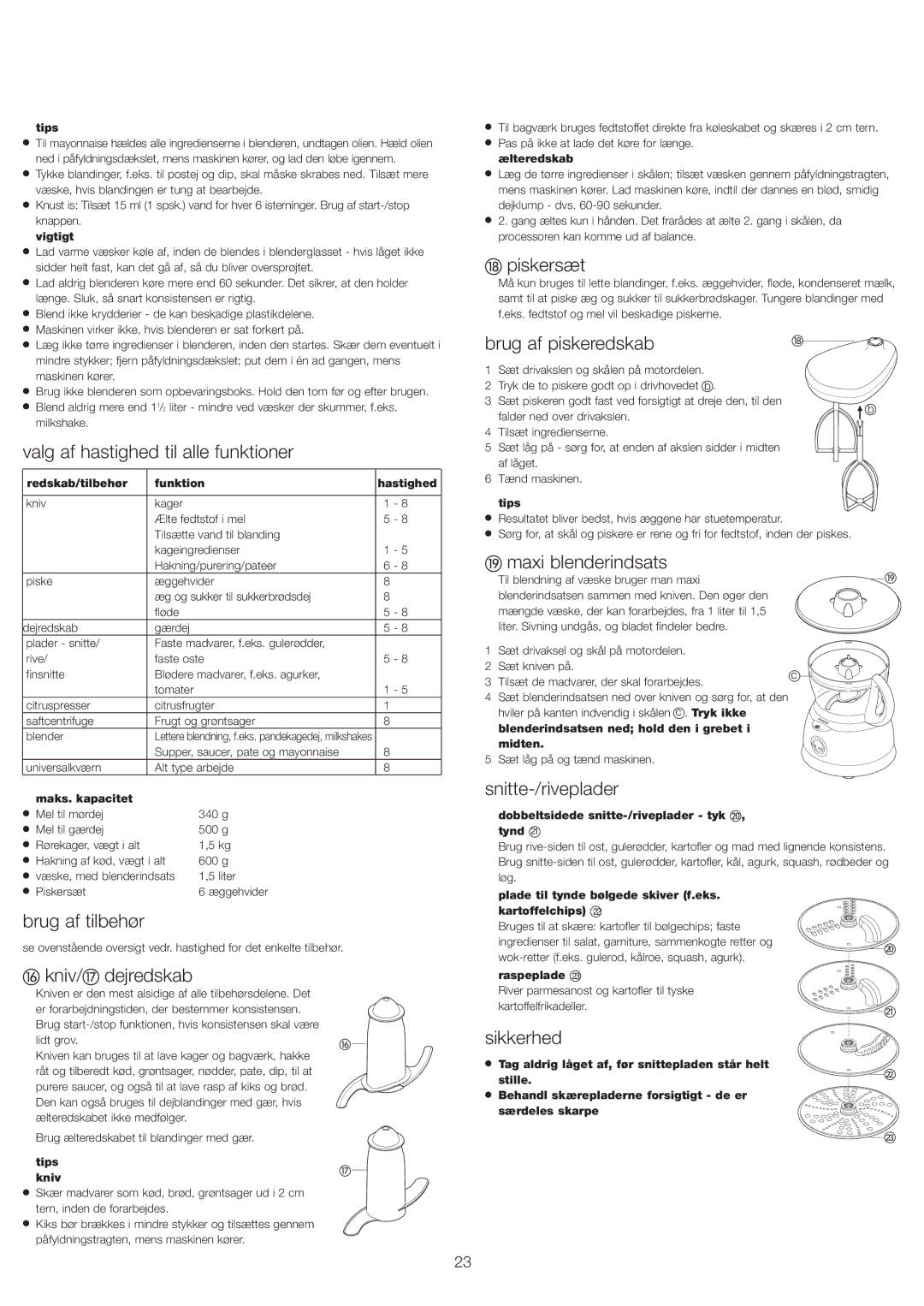 Kenwood FP693 manual Piskersæt, Brug af piskeredskab, Valg af hastighed til alle funktioner, Maxi blenderindsats 