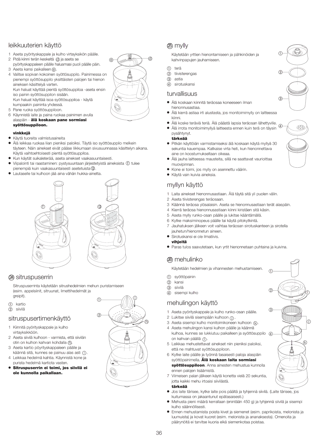 Kenwood FP693 manual Leikkuuterien käyttö Mylly, Myllyn käyttö, Sitruspuserrin, Sitruspusertimenkäyttö, Mehulinko 