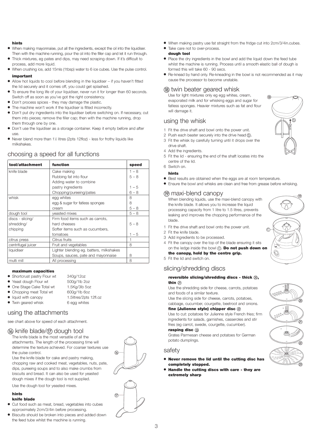 Kenwood FP693 Choosing a speed for all functions, Using the attachments, Knife blade/ dough tool, Twin beater geared whisk 