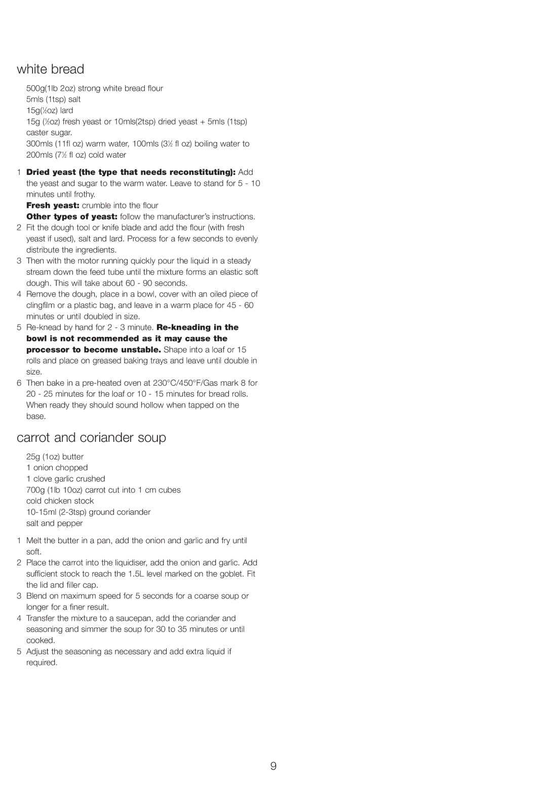 Kenwood FP710 series FP720 series manual White bread, Carrot and coriander soup 