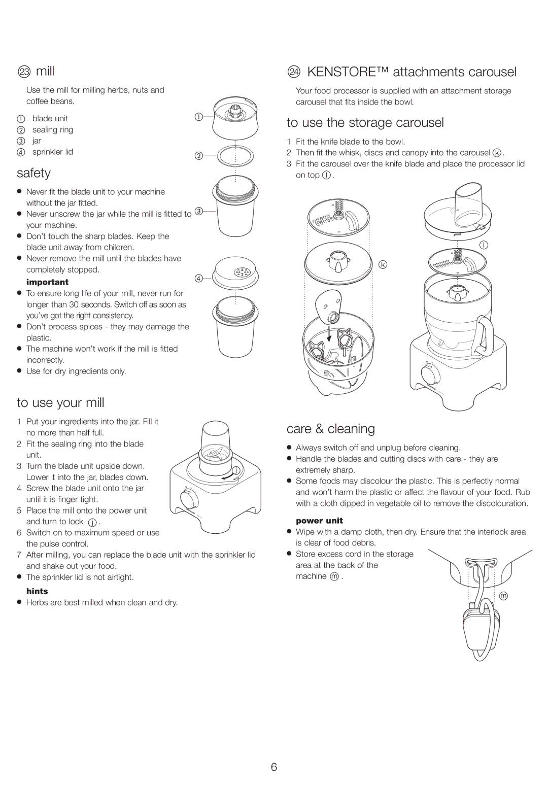 Kenwood FP710 series FP720 series manual Mill, To use your mill, Kenstore attachments carousel, To use the storage carousel 