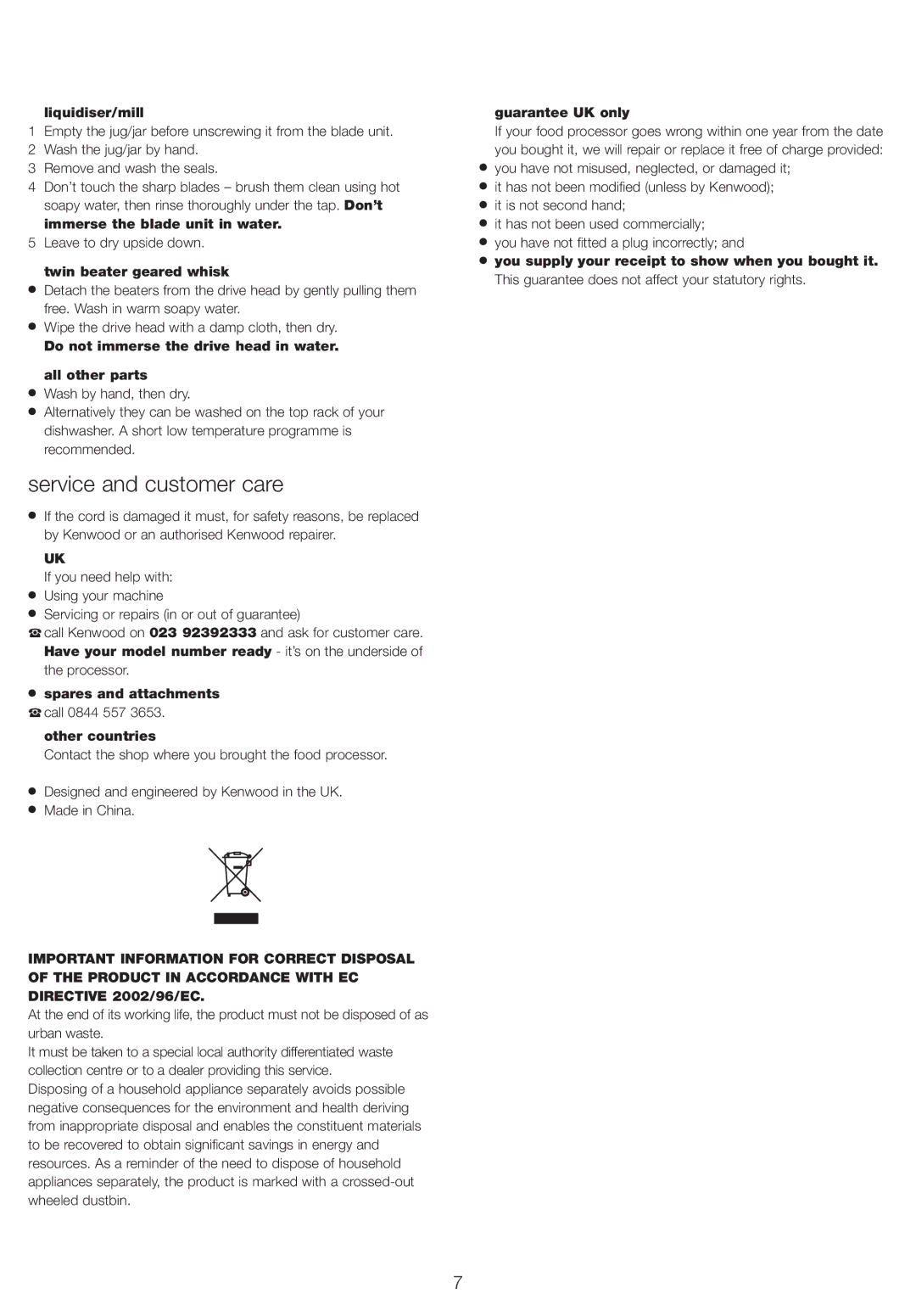 Kenwood FP710 series FP720 series manual Service and customer care 