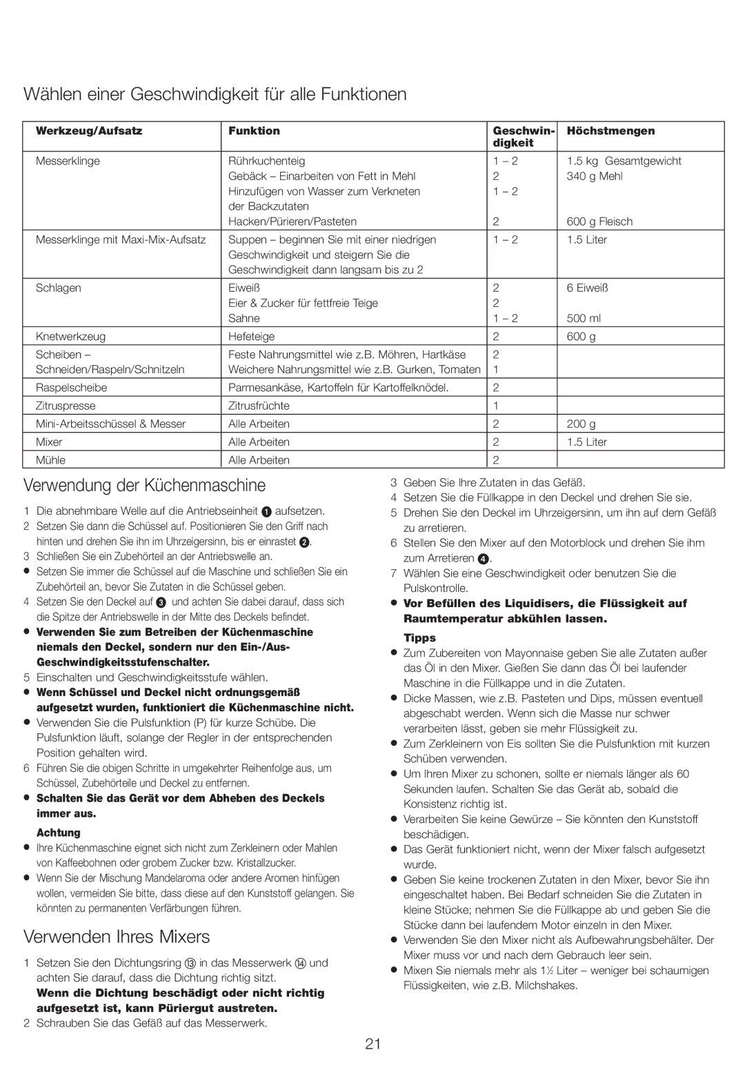 Kenwood FP720 Wählen einer Geschwindigkeit für alle Funktionen, Verwendung der Küchenmaschine, Verwenden Ihres Mixers 