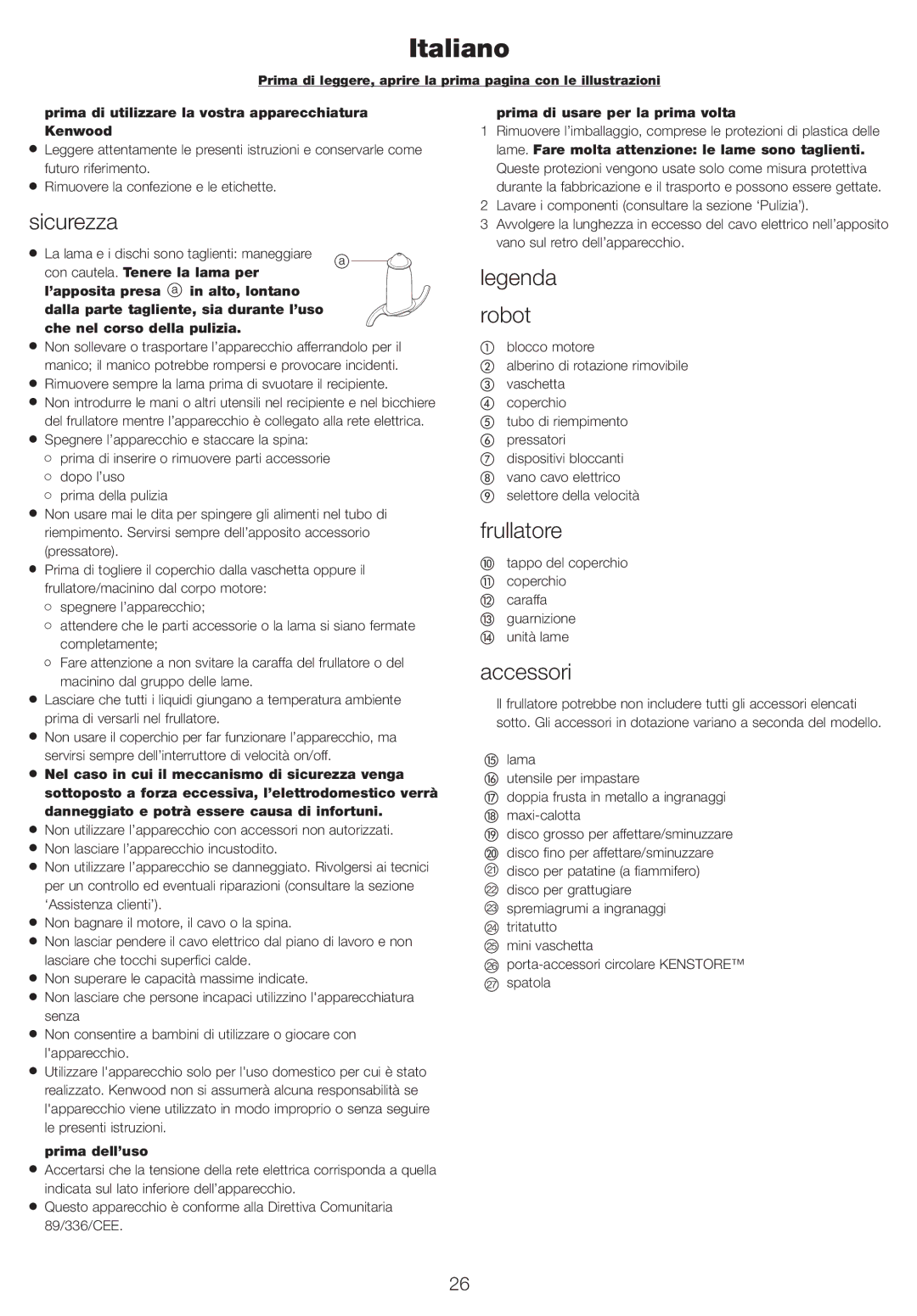 Kenwood FP710, FP720 manual Italiano, Sicurezza, Robot, Frullatore, Accessori 