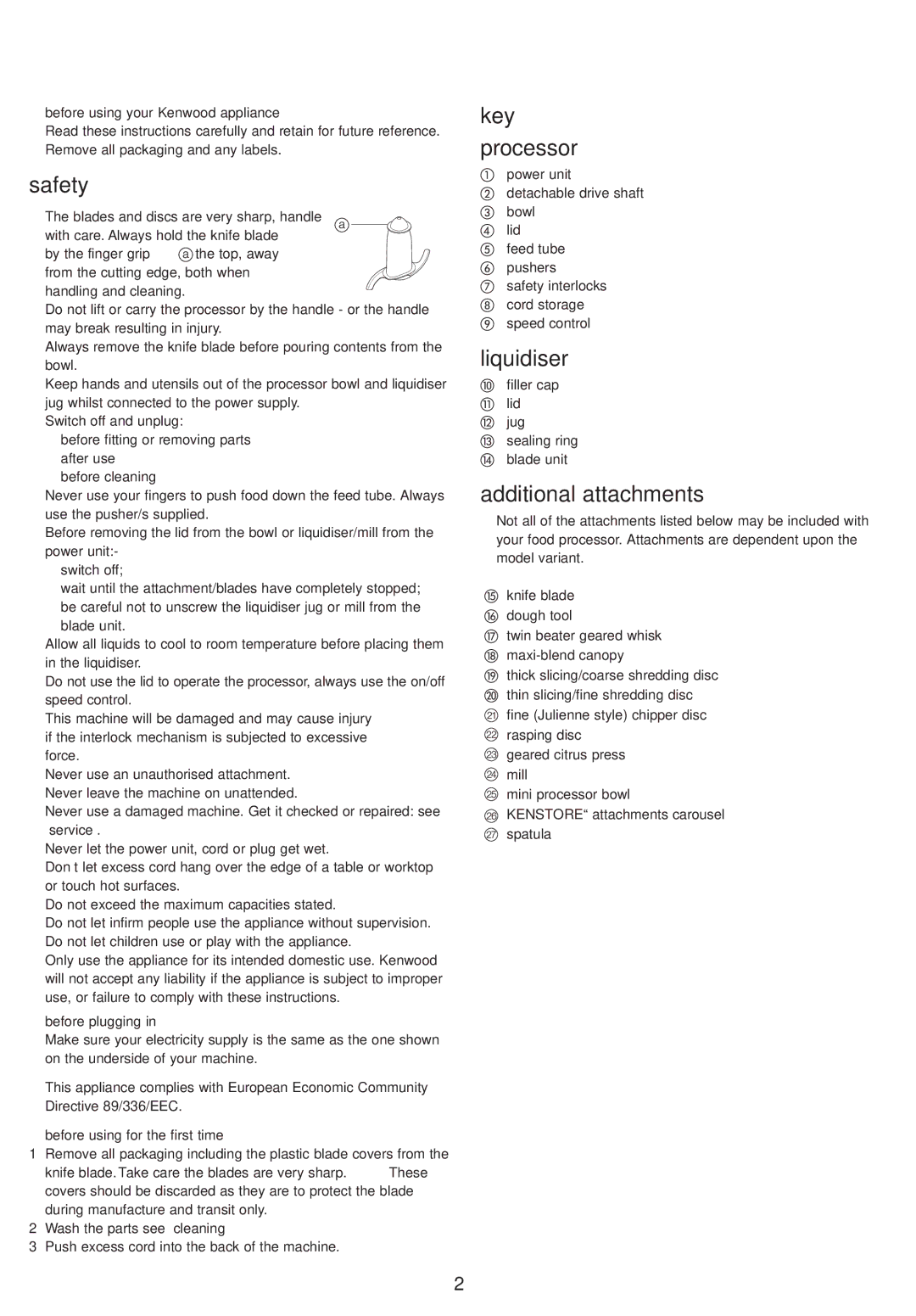 Kenwood FP710, FP720 manual Safety, Key Processor, Liquidiser, Additional attachments 