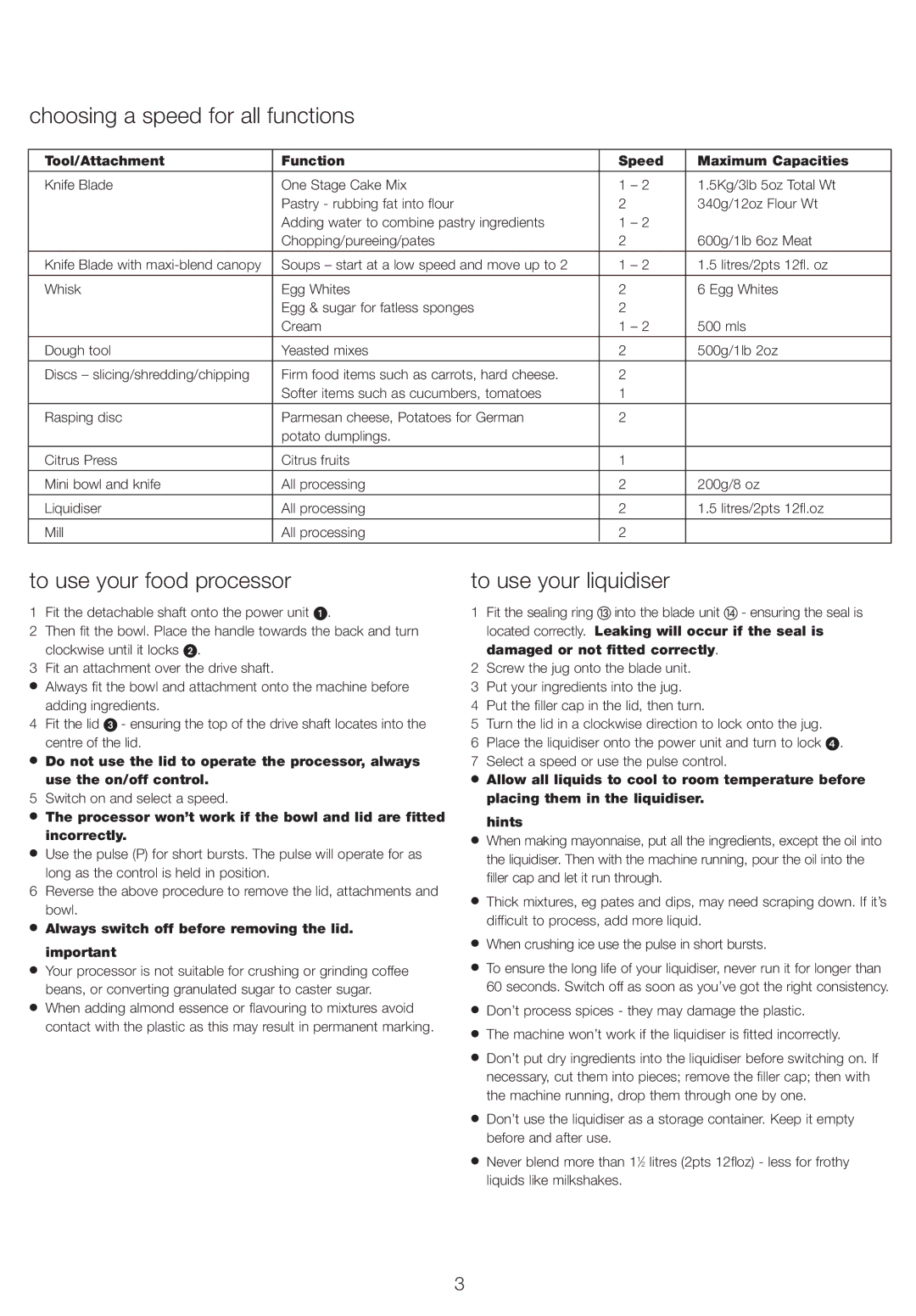 Kenwood FP720, FP710 manual Choosing a speed for all functions, To use your food processor, To use your liquidiser 