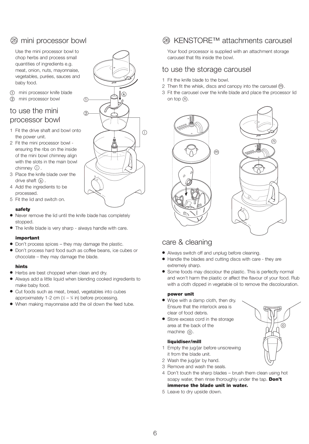 Kenwood FP710, FP720 Mini processor bowl, To use the mini processor bowl, Kenstore attachments carousel, Care & cleaning 