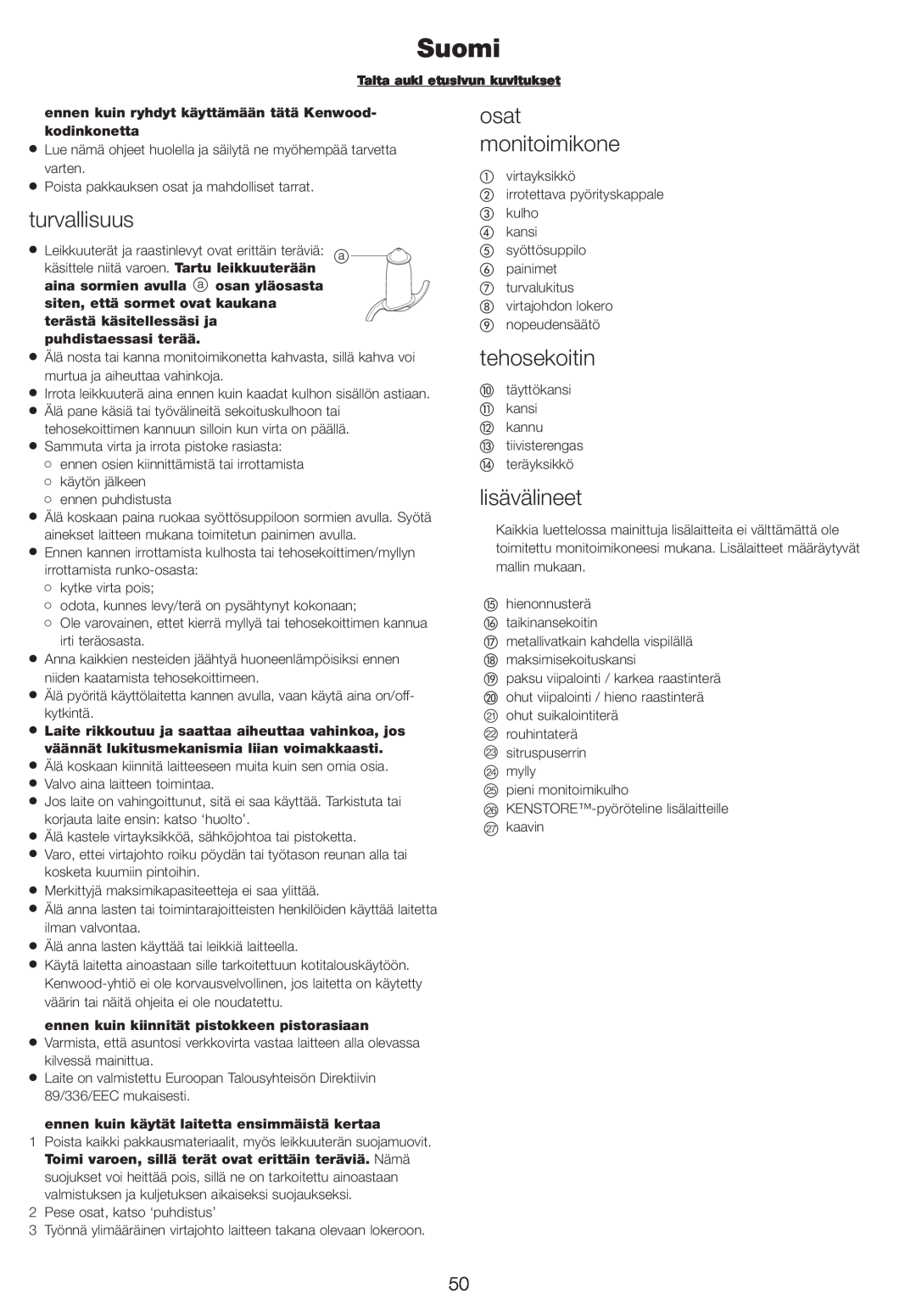 Kenwood FP710, FP720 manual Suomi, turvallisuus, osat monitoimikone, tehosekoitin, lisävälineet 