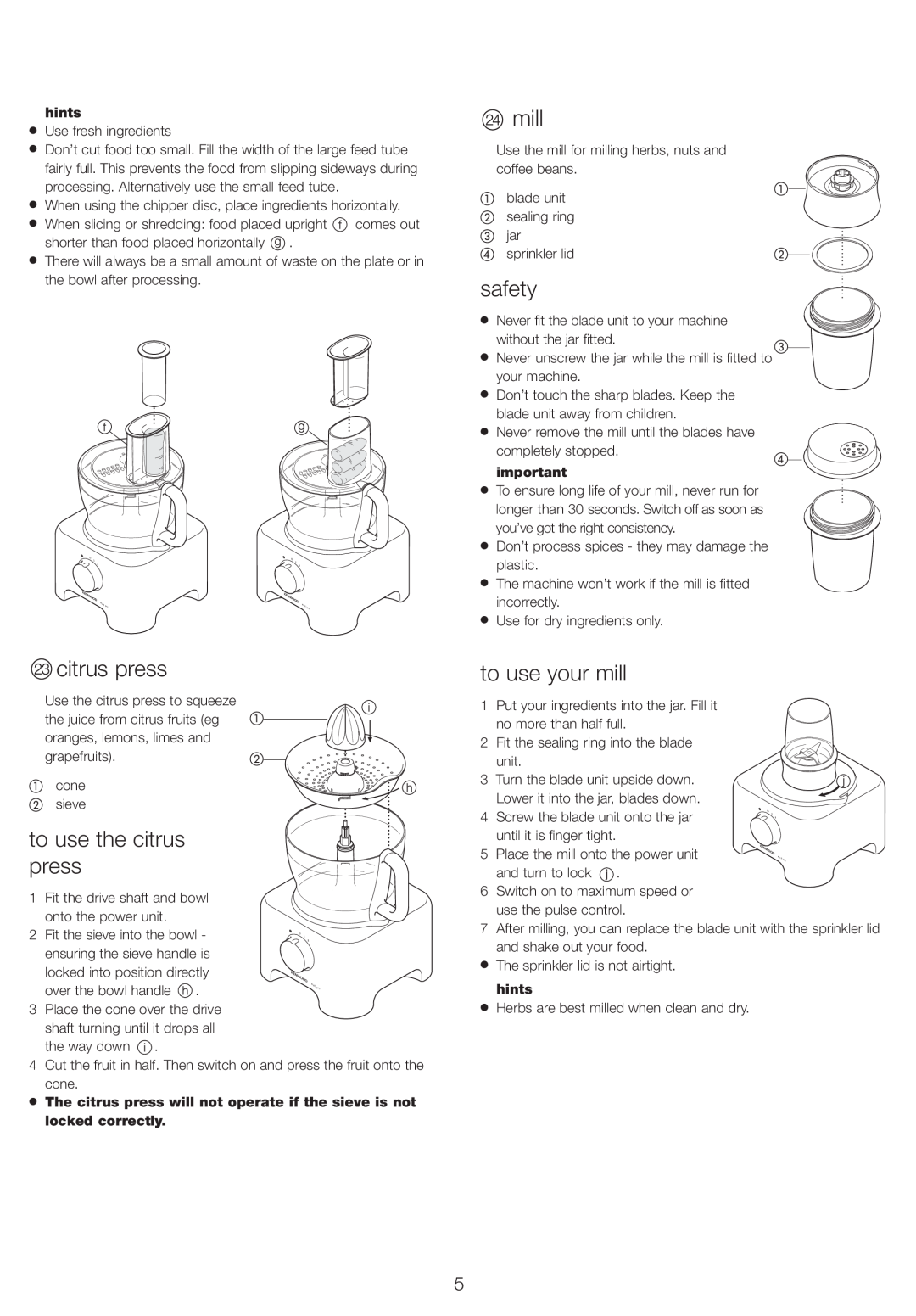 Kenwood FP720, FP710 manual to use the citrus press, to use your mill, locked correctly, safety, hints 