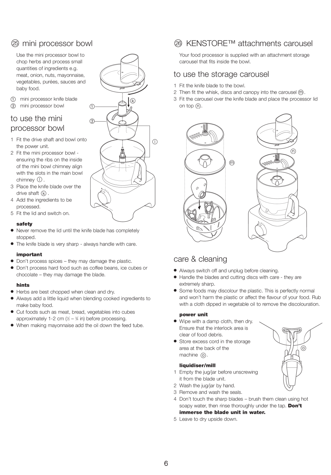 Kenwood FP710 manual to use the mini processor bowl, KENSTORE attachments carousel, to use the storage carousel, safety 