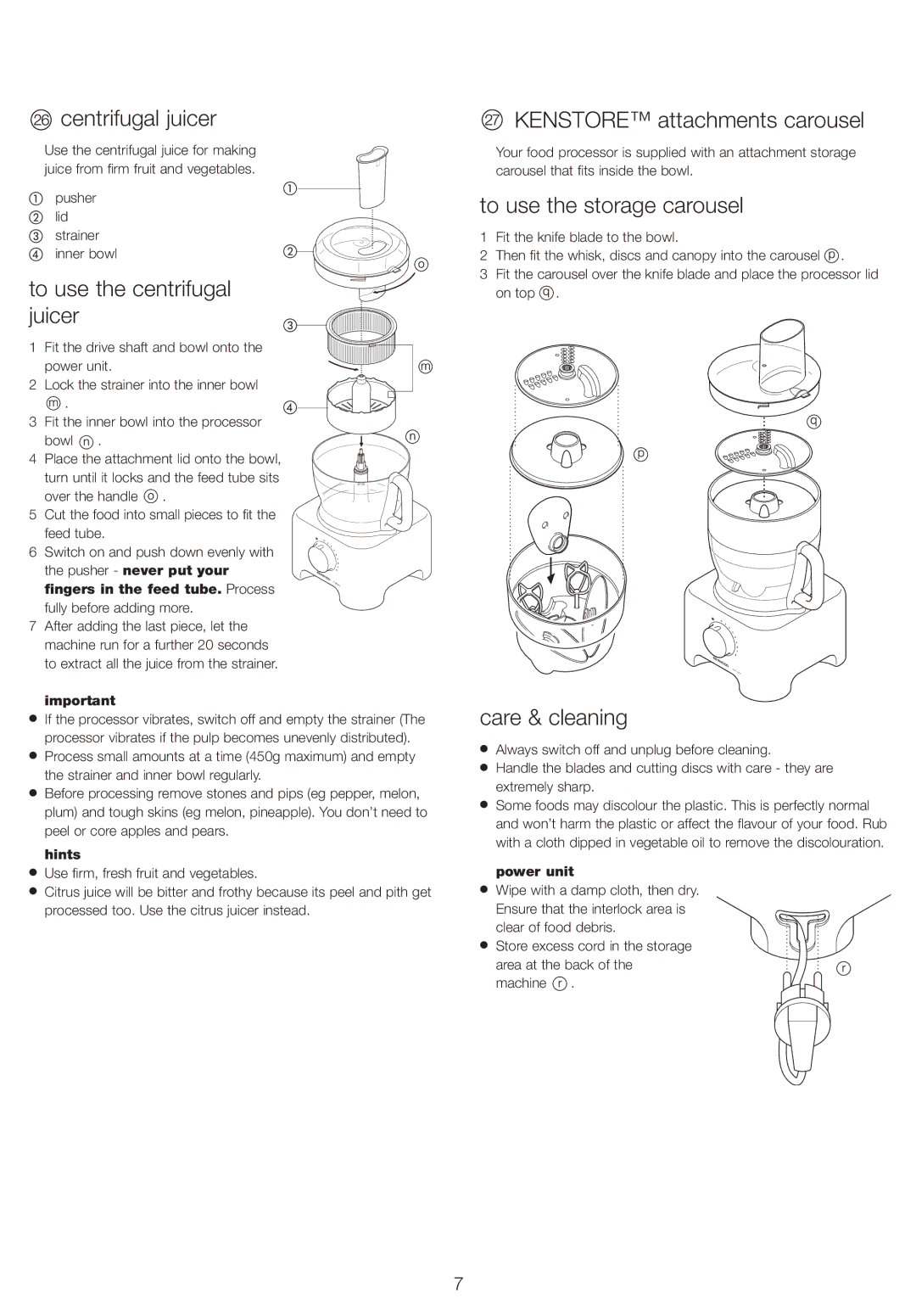 Kenwood FP730 series Centrifugal juicer, To use the centrifugal juicer, Kenstore attachments carousel, Care & cleaning 