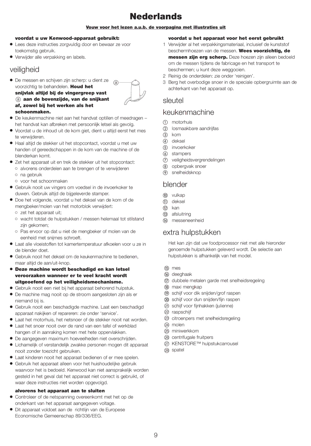 Kenwood FP730 series manual Nederlands, Veiligheid, Sleutel Keukenmachine, Blender, Extra hulpstukken 