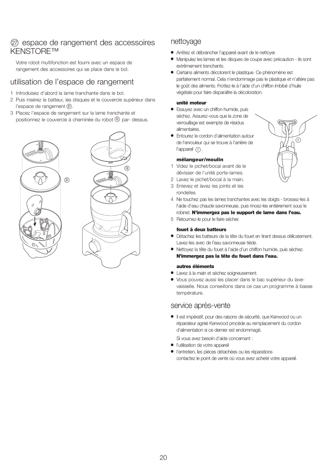 Kenwood FP730 series manual Espace de rangement des accessoires, Utilisation de l’espace de rangement, Nettoyage 