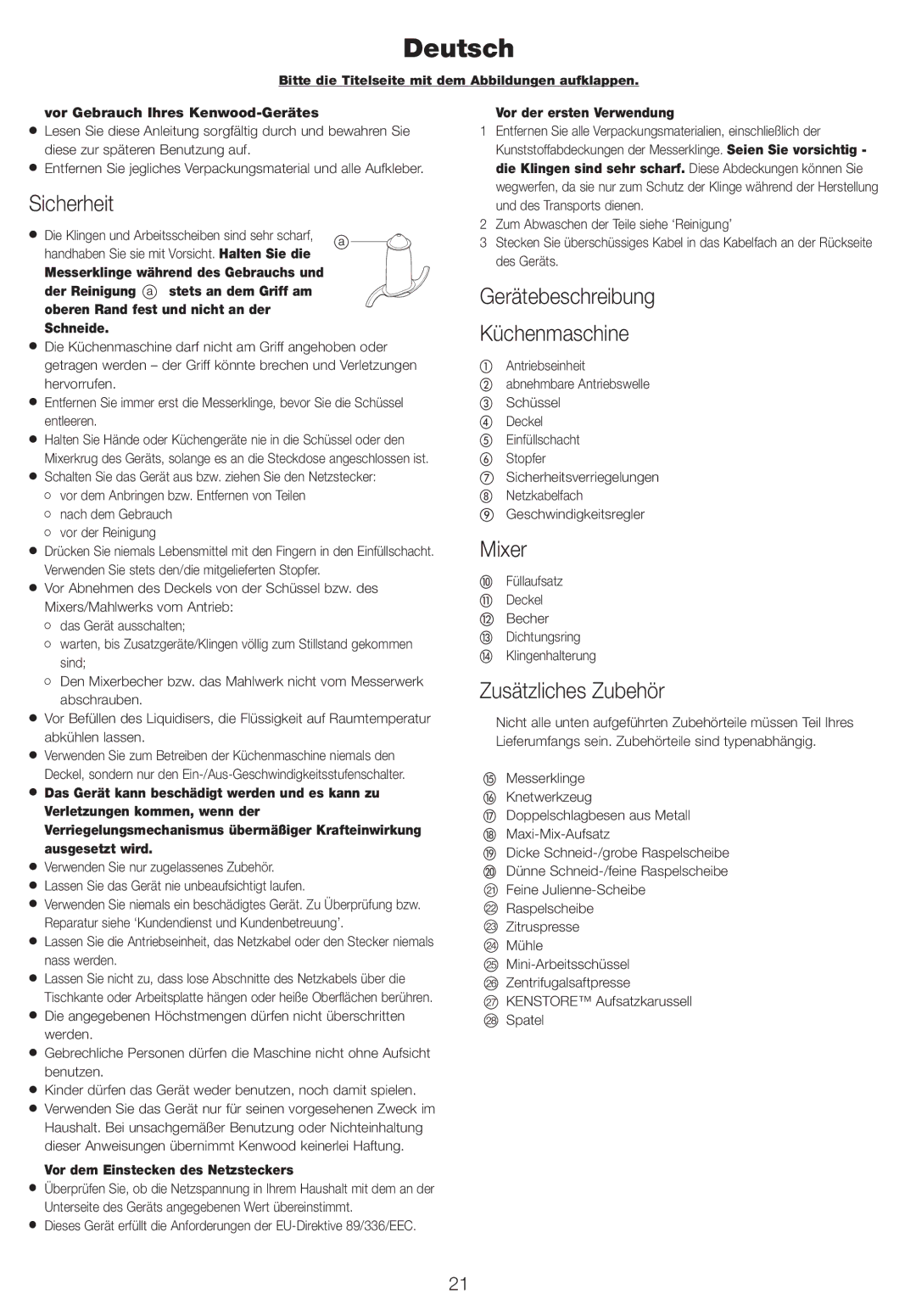 Kenwood FP730 series manual Deutsch, Sicherheit, Gerätebeschreibung Küchenmaschine, Mixer, Zusätzliches Zubehör 