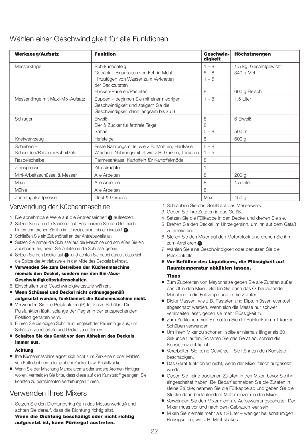 Kenwood FP730 series manual Wählen einer Geschwindigkeit für alle Funktionen, Verwendung der Küchenmaschine 