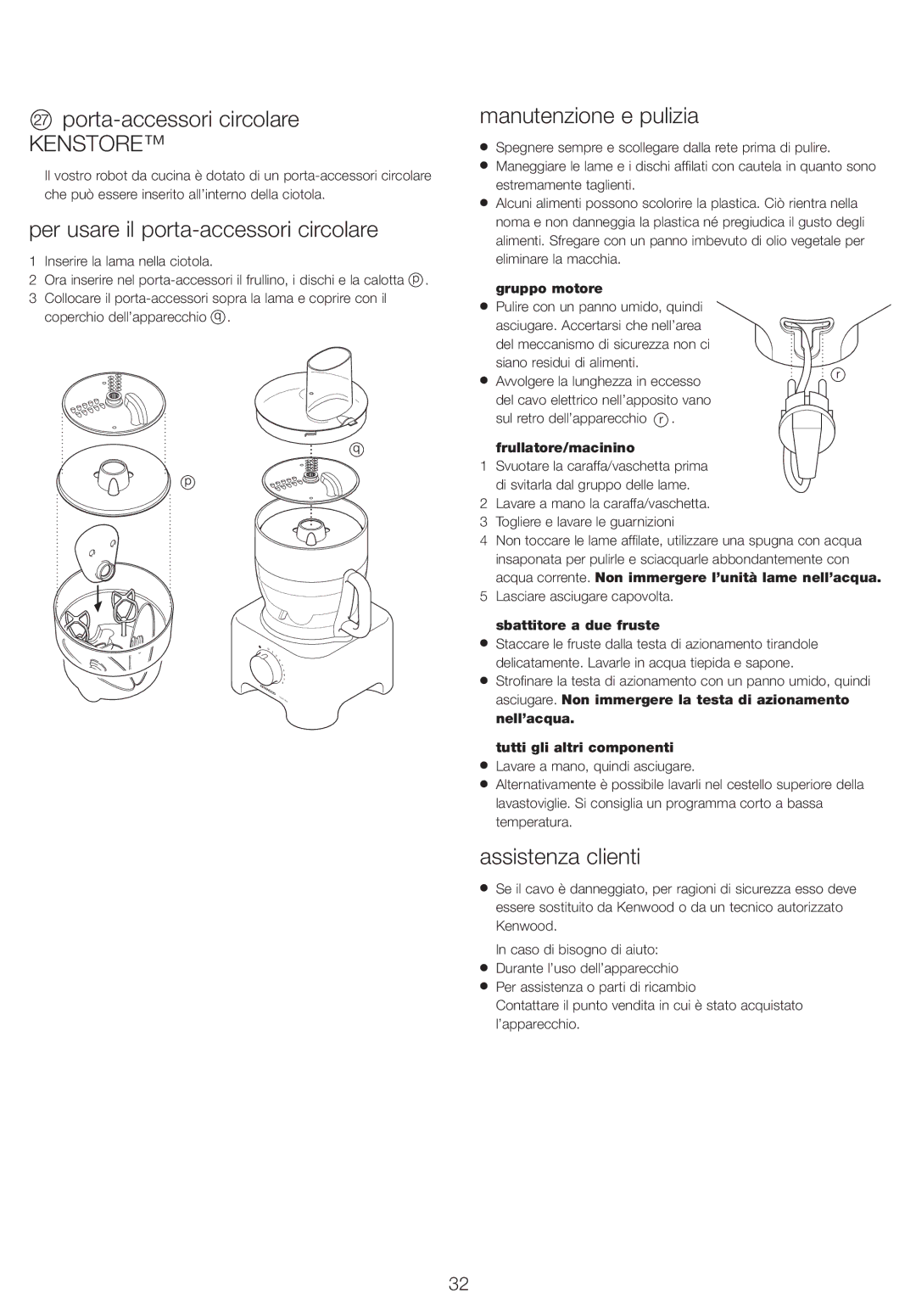 Kenwood FP730 series manual Porta-accessori circolare, Per usare il porta-accessori circolare, Manutenzione e pulizia 