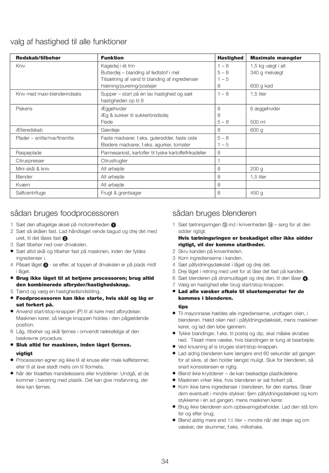 Kenwood FP730 series manual Valg af hastighed til alle funktioner, Sådan bruges foodprocessoren, Sådan bruges blenderen 