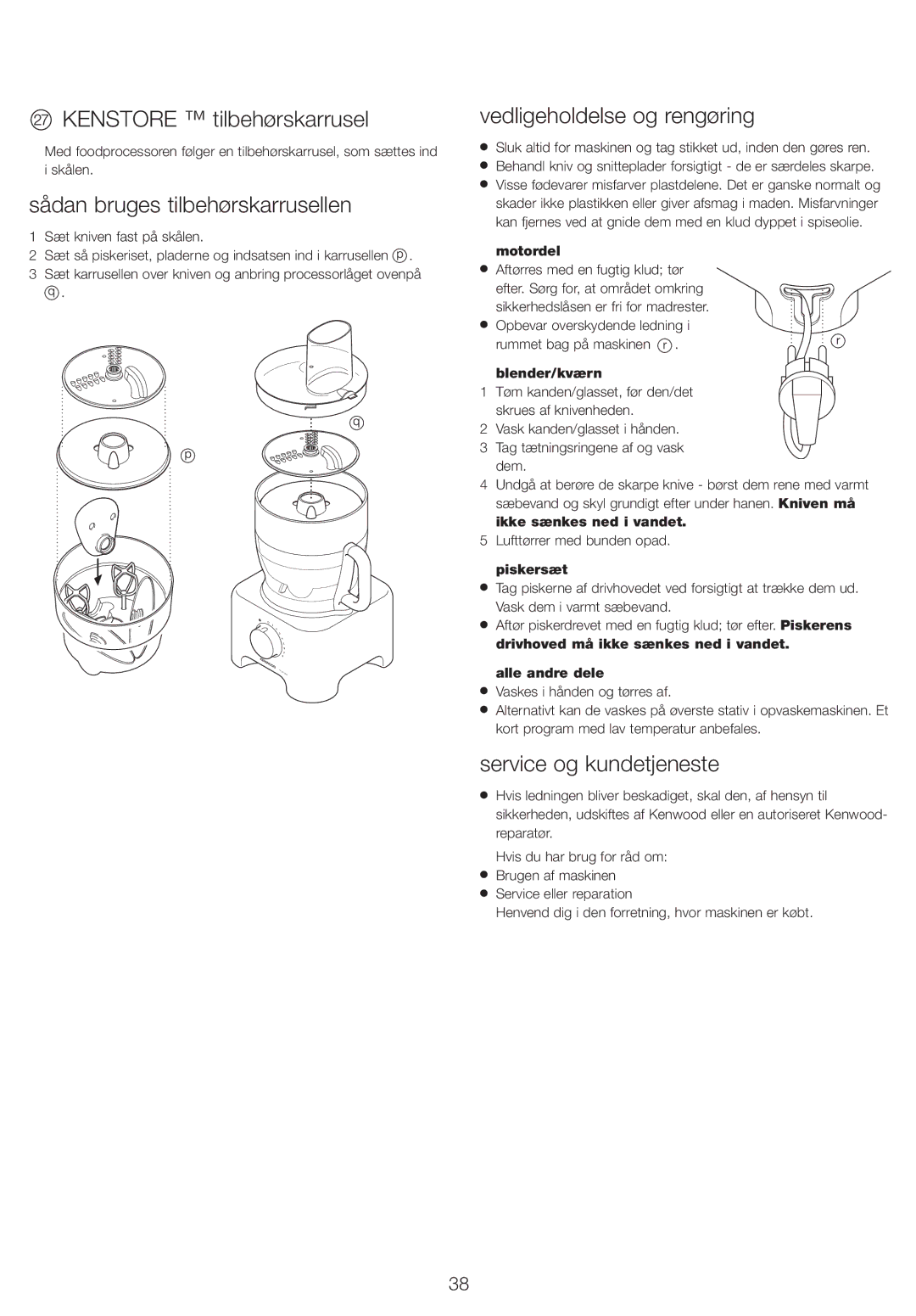 Kenwood FP730 series manual Kenstore tilbehørskarrusel, Sådan bruges tilbehørskarrusellen, Vedligeholdelse og rengøring 